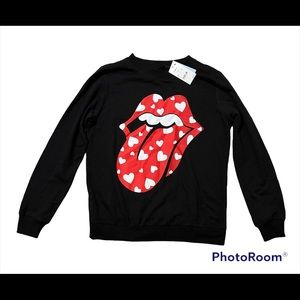 The Rolling Stones Black Tongue with white hearts Pullover Sweatshirt XS NWT